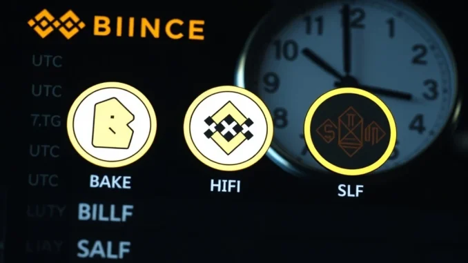 An urgent notification about Binance delisting BAKE, HIFI, and SLF tokens, signifying crucial crypto market changes.