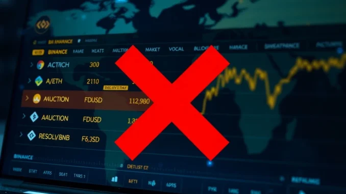 Binance delisting announcement impacting A/ETH and other spot trading pairs, signaling market changes.