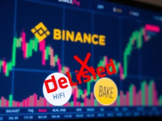 A screen shows Binance delisting HIFI and BAKE perpetual futures, highlighting the crypto delisting impact on traders.