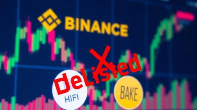 A screen shows Binance delisting HIFI and BAKE perpetual futures, highlighting the crypto delisting impact on traders.