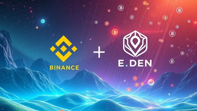 Binance EDEN listing announcement with OpenEden logo and tokens falling, symbolizing the exciting HODLer Airdrop opportunity.