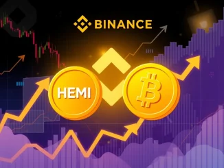 A visual representation of Binance HEMI margin trading on a digital screen, showing HEMI/USDT and HEMI/USDC pairs with upward trends.