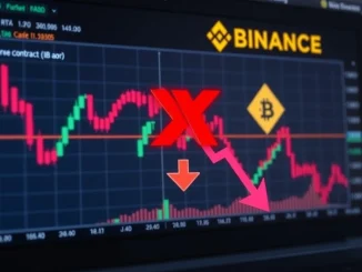 A digital chart with a red downward arrow and an 'X' over a futures contract, symbolizing the Binance delisting of NEIROETH/USDT perpetual futures.