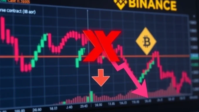A digital chart with a red downward arrow and an 'X' over a futures contract, symbolizing the Binance delisting of NEIROETH/USDT perpetual futures.