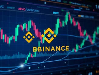 Binance trading interface showing AEVO, ME, SNX, and USDC symbols, highlighting the launch of new Binance trading pairs.