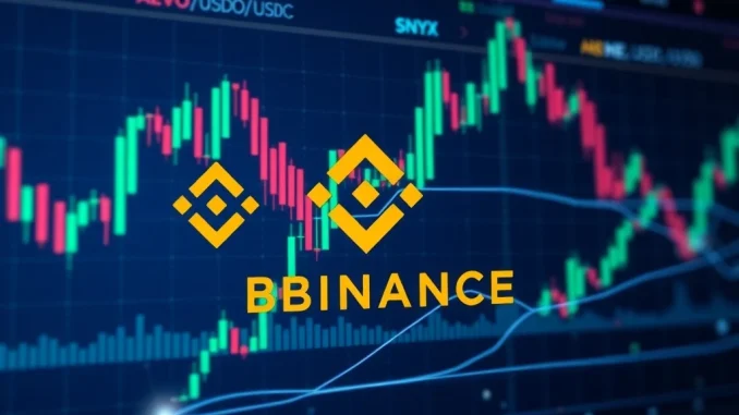 Binance trading interface showing AEVO, ME, SNX, and USDC symbols, highlighting the launch of new Binance trading pairs.
