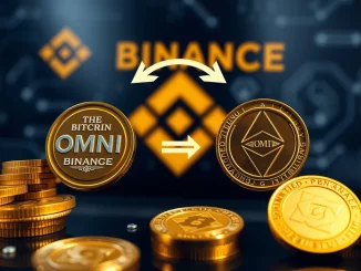 Visualizing the **Binance OMNI NOM swap** and rebranding process, highlighting the transition of tokens on the exchange.