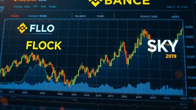 A dynamic digital interface showcasing Binance perpetual futures trading for FLOCK and SKY, symbolizing new market opportunities.
