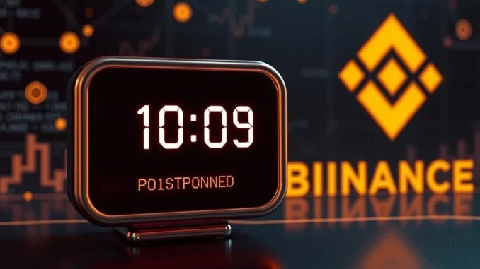 A digital clock face indicating a delay, symbolizing the postponement of the Binance XAN perpetual futures listing.