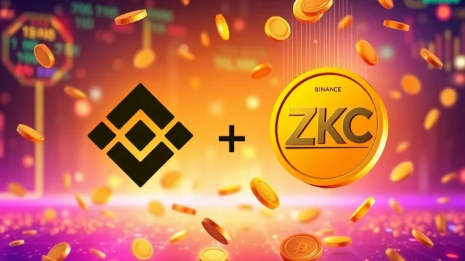 Binance ZKC listing announcement with tokens falling, symbolizing the Hodler Airdrop.