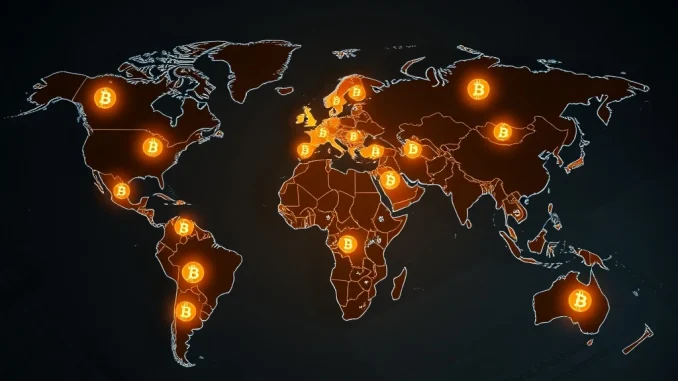 Pioneering Progress: 32 Countries Accelerate Bitcoin Adoption Worldwide A world map highlighting 32 countries actively pursuing Bitcoin adoption, symbolizing global legislative progress.