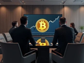 A financial executive reviewing a digital screen showing a Bitcoin allocation within a diverse portfolio, signifying institutional adoption.