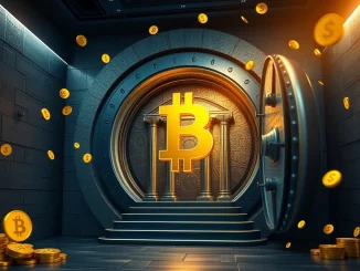 A central bank vault with a prominent Bitcoin symbol, illustrating Deutsche Bank's prediction of Bitcoin becoming a central bank reserve asset by 2030.