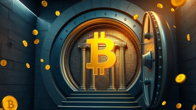 A central bank vault with a prominent Bitcoin symbol, illustrating Deutsche Bank's prediction of Bitcoin becoming a central bank reserve asset by 2030.