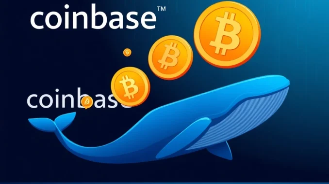 Illustrates a significant Bitcoin transfer from Coinbase, showing a whale moving a large BTC sum to an unknown crypto wallet.