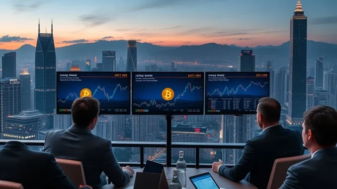 Executives discussing Bitcoin corporate adoption strategies at a symposium in Hong Kong, with city skyline in the background.