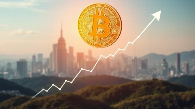 Illustrates Bitcoin's upward momentum driven by declining US credit spreads, showing financial charts and economic resilience.