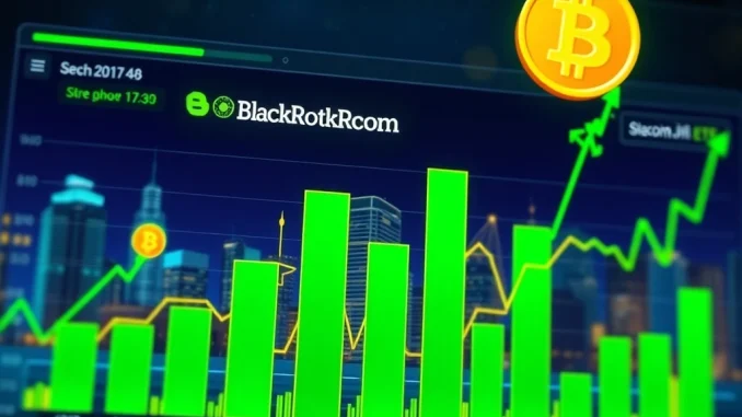 A financial chart showing significant positive Bitcoin ETF inflows, highlighting BlackRock's strong contribution to the crypto market.