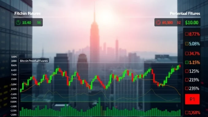 A digital display illustrating the BTC perpetual futures long/short ratio across major crypto exchanges, conveying Bitcoin market sentiment.