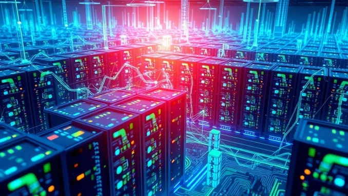 An abstract visual representation of the powerful surge in Bitcoin hashrate, illustrating the immense computational effort behind Bitcoin mining.