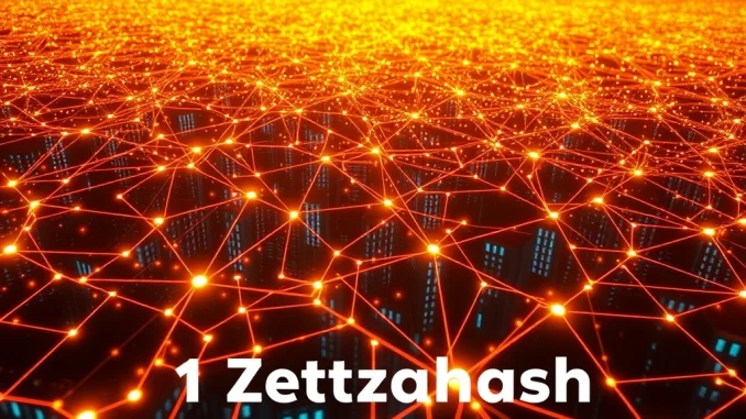 A visualization of immense computing power, illustrating the Bitcoin hashrate reaching 1 Zettahash, highlighting enhanced blockchain security.