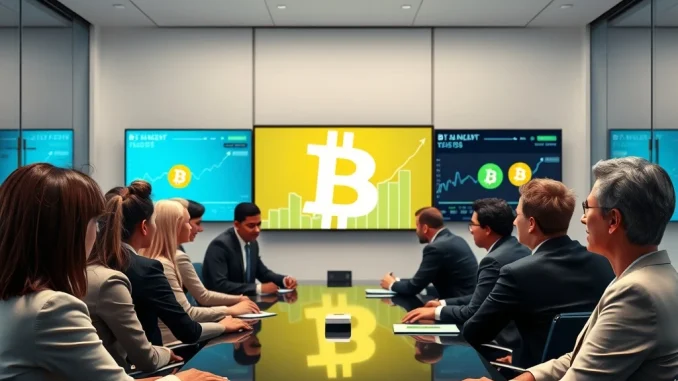 Corporate executives discussing significant Bitcoin holdings and the growing trend of institutional BTC adoption in a modern setting.
