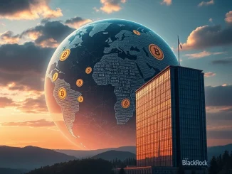A visual metaphor for Bitcoin institutional adoption, showing a digital globe with fading fiat currencies and emerging Bitcoin symbols, overseen by a corporate entity.