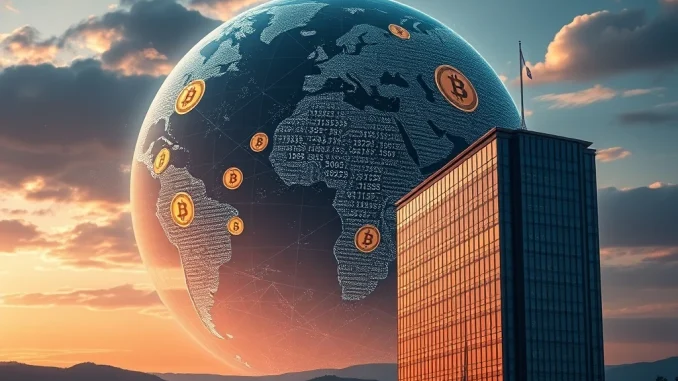 A visual metaphor for Bitcoin institutional adoption, showing a digital globe with fading fiat currencies and emerging Bitcoin symbols, overseen by a corporate entity.