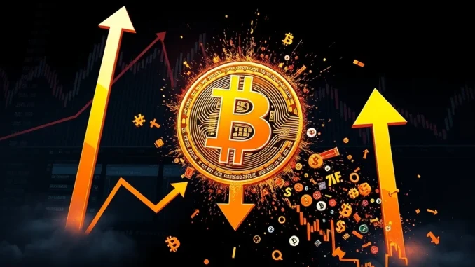 Bitcoin Price: Crucial Levels Trigger Massive Liquidation Threats Bitcoin price chart showing extreme market volatility with potential BTC liquidation levels highlighted, representing significant financial events.
