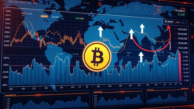 A complex financial dashboard with charts and indicators, symbolizing the urgent factors influencing Bitcoin's market direction this week.