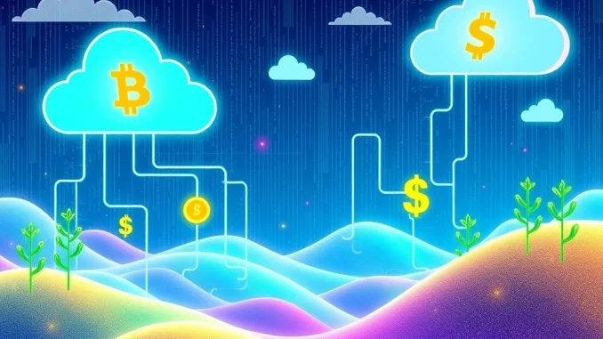 A digital representation of secure cloud Bitcoin mining, illustrating substantial daily XRP and BTC crypto earnings for users.