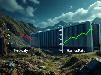 Illustrates Bitcoin mining profitability declining due to increased Bitcoin hashrate, impacting crypto mining companies.