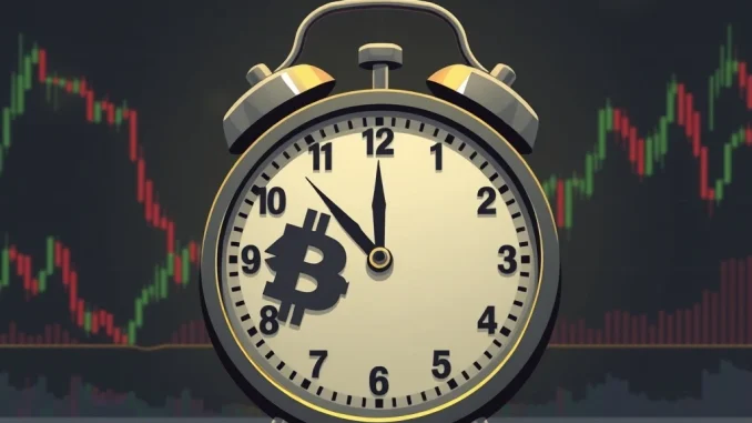 Crucial Bitcoin Options Expiration: $3.4 Billion Event Looms for BTC Price A digital clock with Bitcoin and Ethereum symbols, representing the impending $3.4 billion Bitcoin options expiration and its potential BTC price impact.