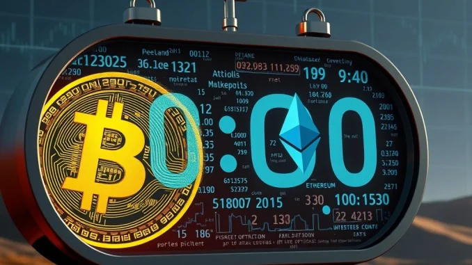 A digital clock showing a countdown to a significant Bitcoin options expiration, symbolizing market anticipation and potential price movements.