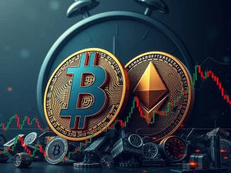 Visualizing the **Bitcoin options expiry** impact on crypto markets, with BTC and ETH symbols amidst volatile financial charts.