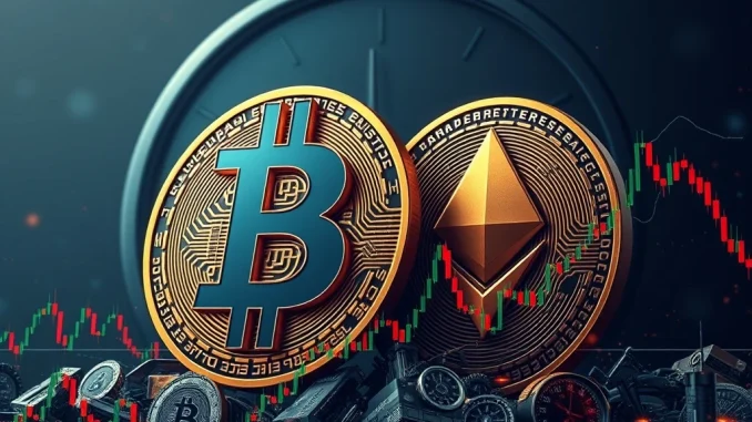 Visualizing the **Bitcoin options expiry** impact on crypto markets, with BTC and ETH symbols amidst volatile financial charts.