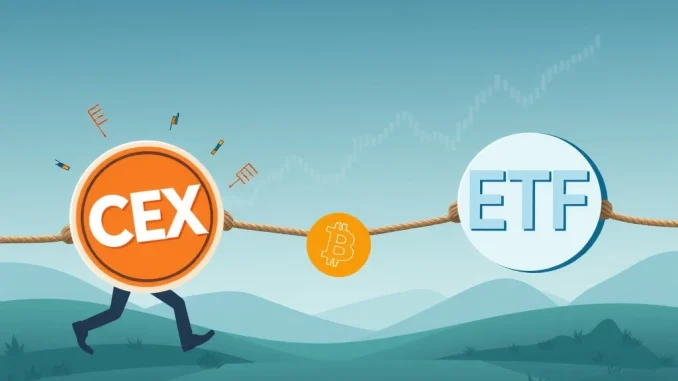 Chart comparing Bitcoin price influence of centralized exchanges versus spot ETFs, revealing key market drivers.