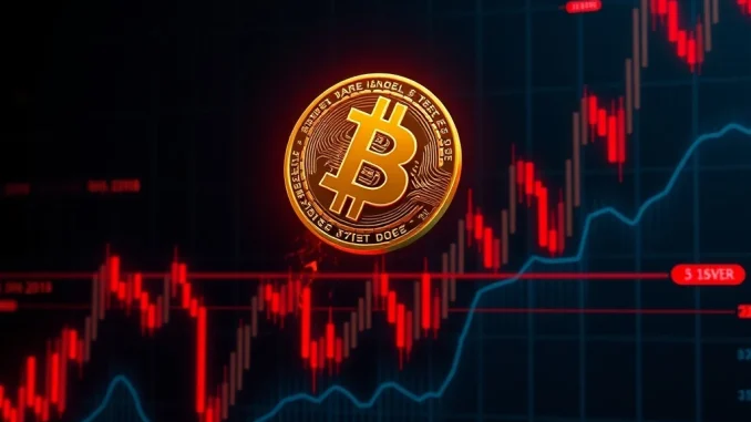 A red downward arrow on a chart showing a significant Bitcoin price drop below $115,000, indicating a BTC market downturn.