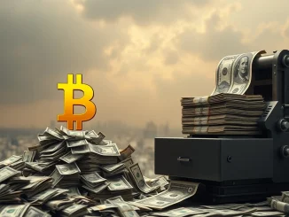 A golden Bitcoin symbol rising above a backdrop of continuously printed fiat currency, illustrating the predicted increase in Bitcoin price.