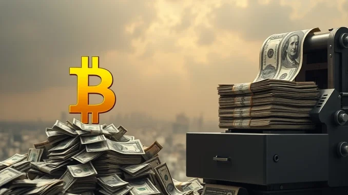 A golden Bitcoin symbol rising above a backdrop of continuously printed fiat currency, illustrating the predicted increase in Bitcoin price.