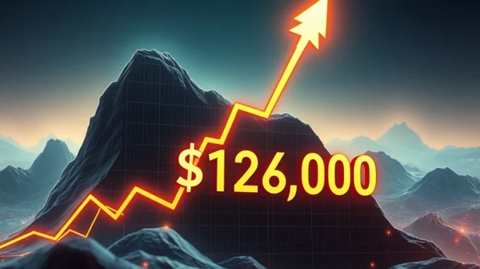 A digital chart showing **Bitcoin price** reaching a new peak above $112,000, representing significant market growth.