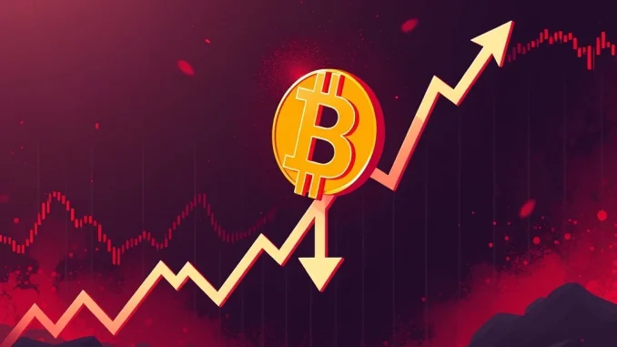 A visual representation of a significant Bitcoin price drop, with the BTC symbol falling on a chart, conveying market volatility.
