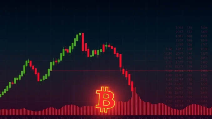 A downward trending graph with a Bitcoin logo, symbolizing the recent **Bitcoin price** drop below $113,000 and market volatility.