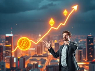 Tom Lee from Fundstrat discussing an optimistic **Bitcoin price prediction** for 2024, showing a chart with rising cryptocurrency values.