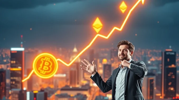 Tom Lee from Fundstrat discussing an optimistic **Bitcoin price prediction** for 2024, showing a chart with rising cryptocurrency values.