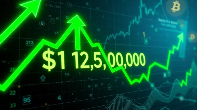 A digital chart illustrating the Bitcoin price surging past $113,000, representing significant cryptocurrency market growth.