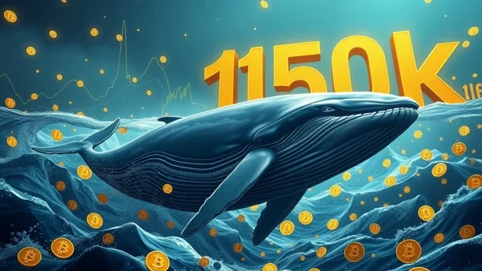 A giant whale influences the Bitcoin price, symbolizing the challenge to reach the $150K target due to large sell-offs.