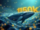 A giant whale influences the Bitcoin price, symbolizing the challenge to reach the $150K target due to large sell-offs.