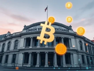 London Stock Exchange building illuminated, symbolizing the listing of a Bitcoin staking ETP by DeFi Technologies.