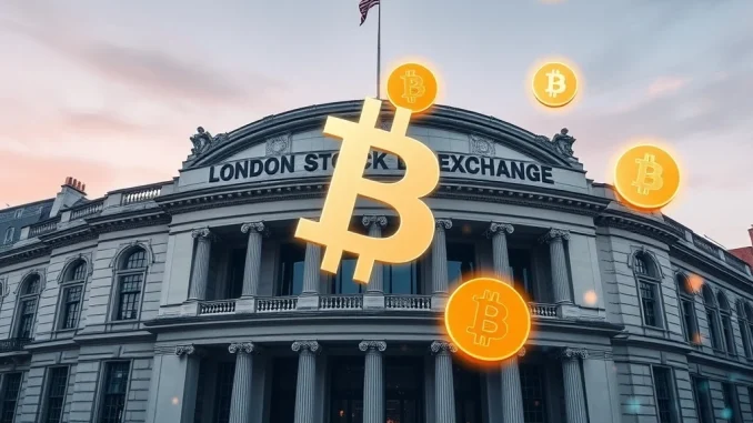 London Stock Exchange building illuminated, symbolizing the listing of a Bitcoin staking ETP by DeFi Technologies.